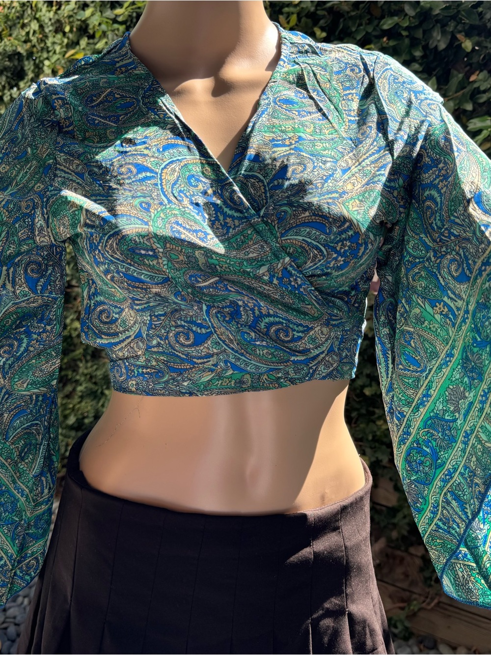Paisley Wrap Crop Top in Blue & Green